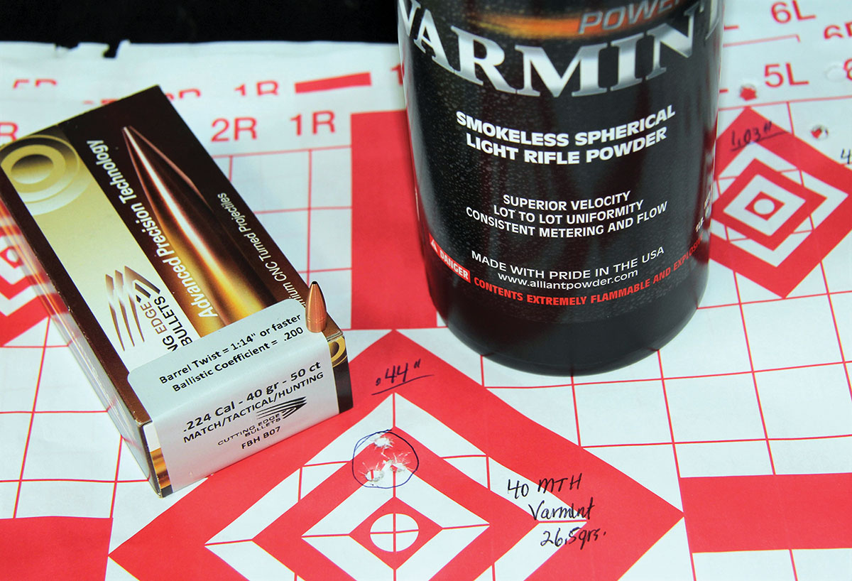 The Cutting Edge 40-grain Match/Target/Hunting (MTH) mono-copper bullet seated atop 26.5 grains of Alliant Power Pro Varmint printed .44 inch and clocked 3,319 fps.