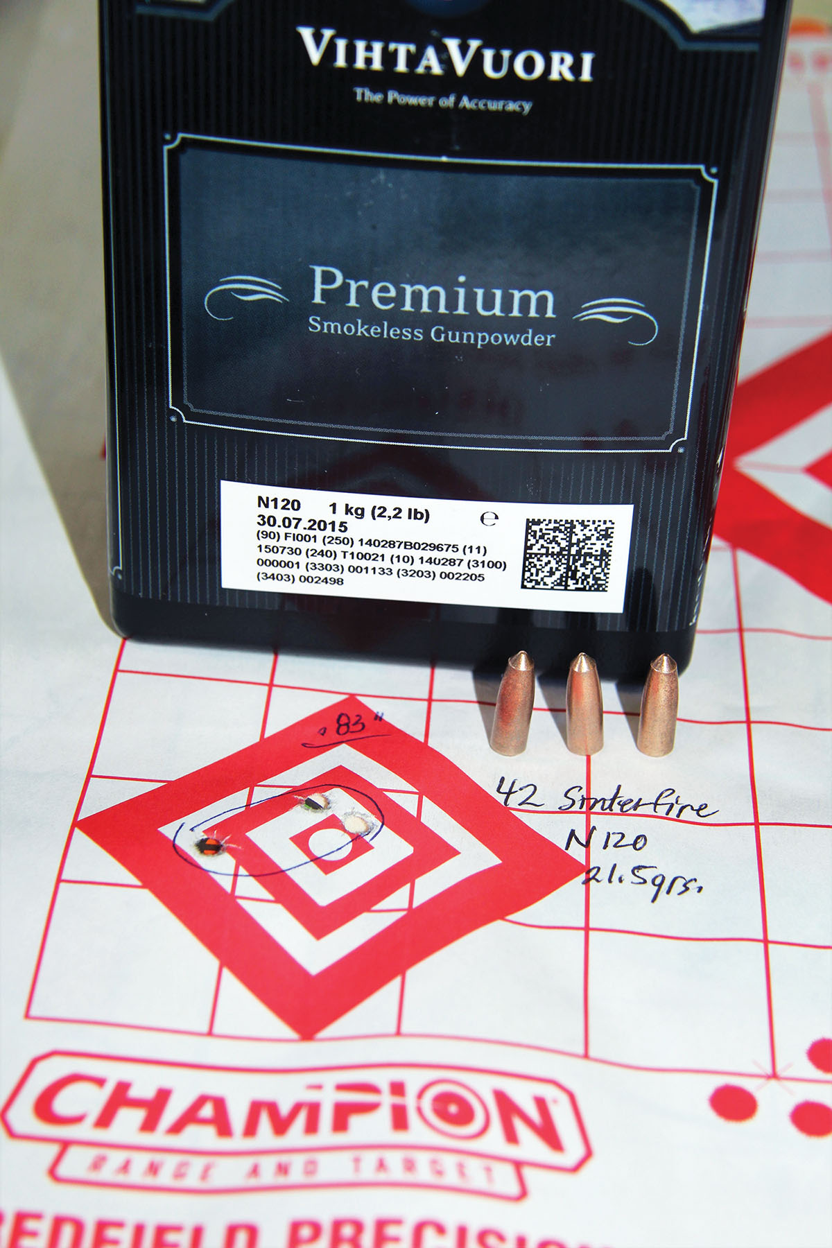 A 42-grain Sinterfire Lead-Free Frangible bullet and 21.5 grains of Vihtavuori N120 produced this .83-inch group at 3,495 fps.