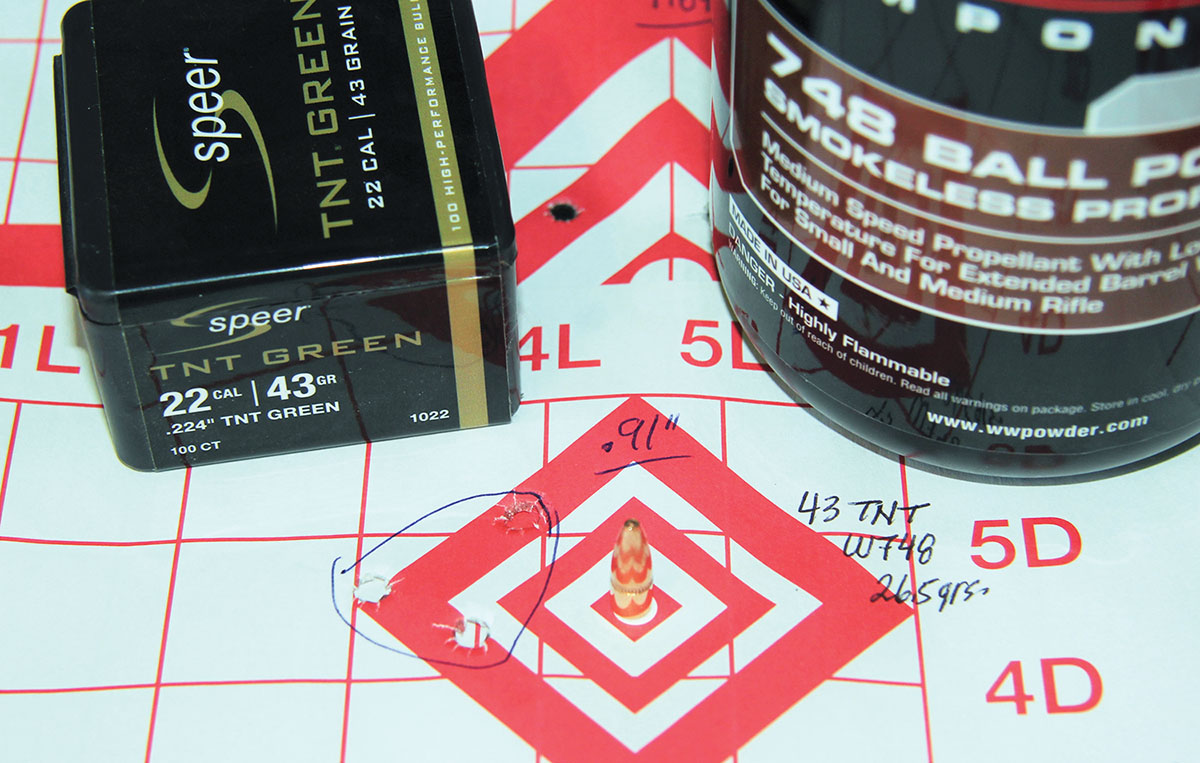 Speer’s 43-grain TNT Green did not work well with the Remington test rifle. It’s best showing was a .91-inch group at 3,206 fps using 26.5 gains of Winchester W748 powder.