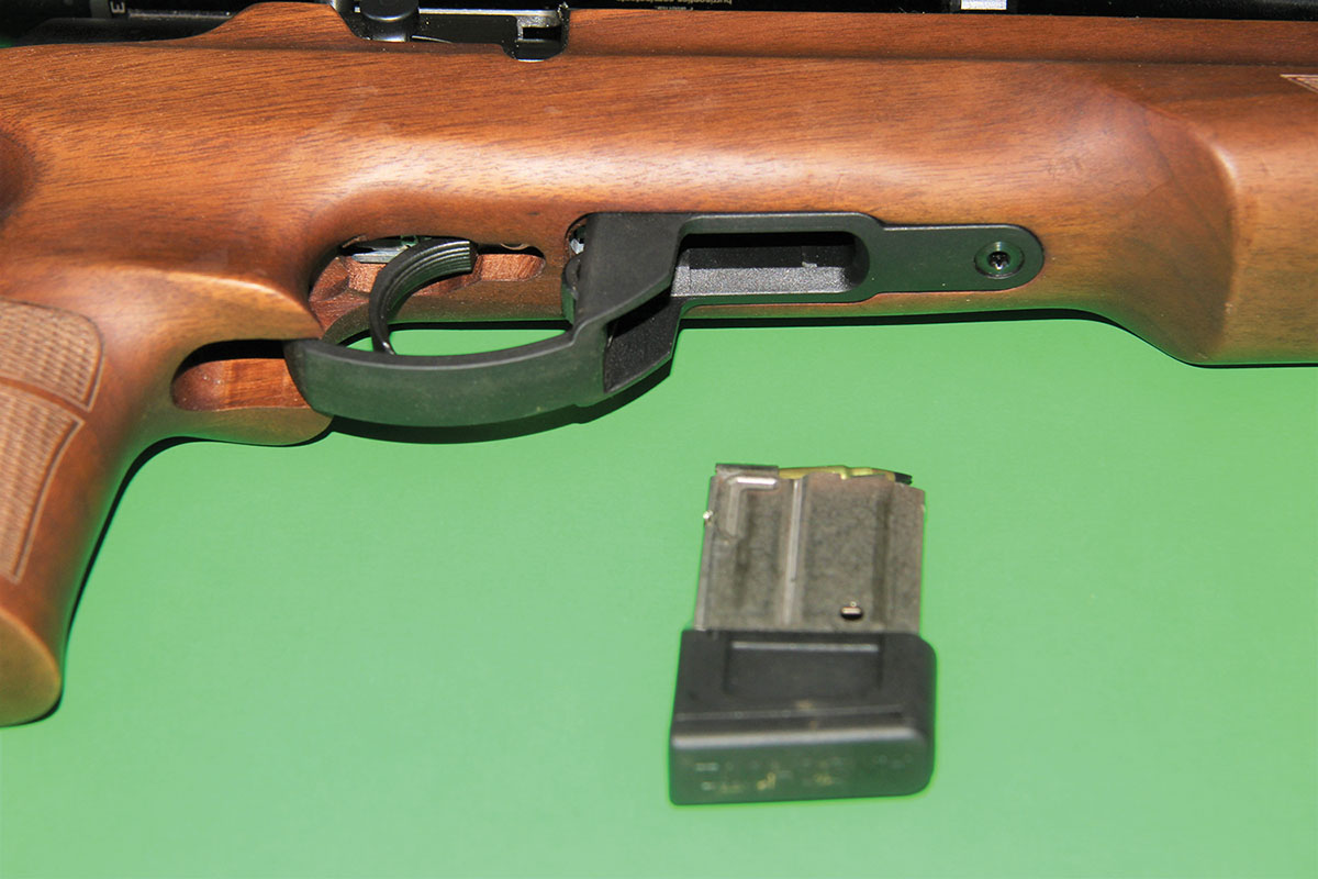 The trigger guard and magazine well is a one-piece design made to accept magazines for .22 LR, .22 WRF and .17 HMR cartridges.