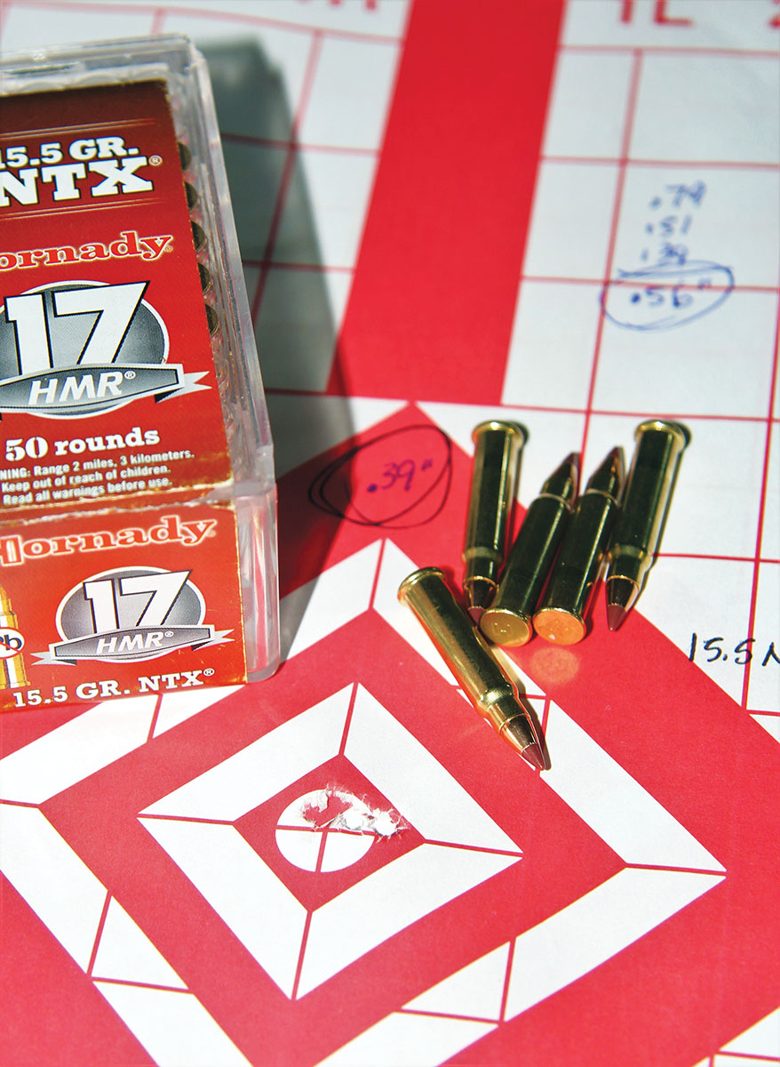 Hornady’s lead-free 15.5-grain NTX ammunition shot surprisingly well from the Anschütz. This five-shot, 100-yard group measured only .39 inch. This ammunition also posted the second best group average.