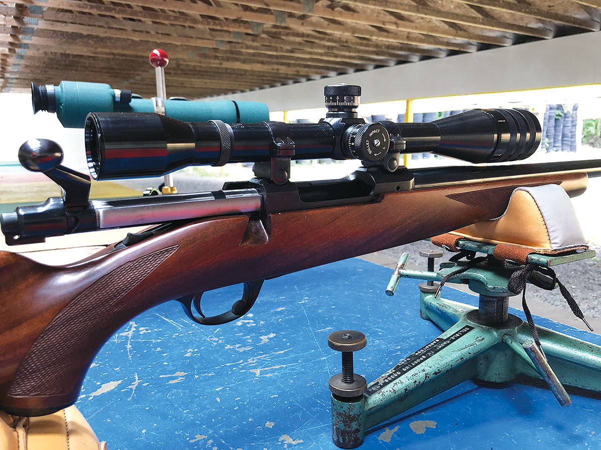 The Weaver T-16 Micro Trac atop the same Ruger 77V .220 Swift. The readily evident “dogleg” bolt handle received a lot of press when the Ruger 77 was introduced.