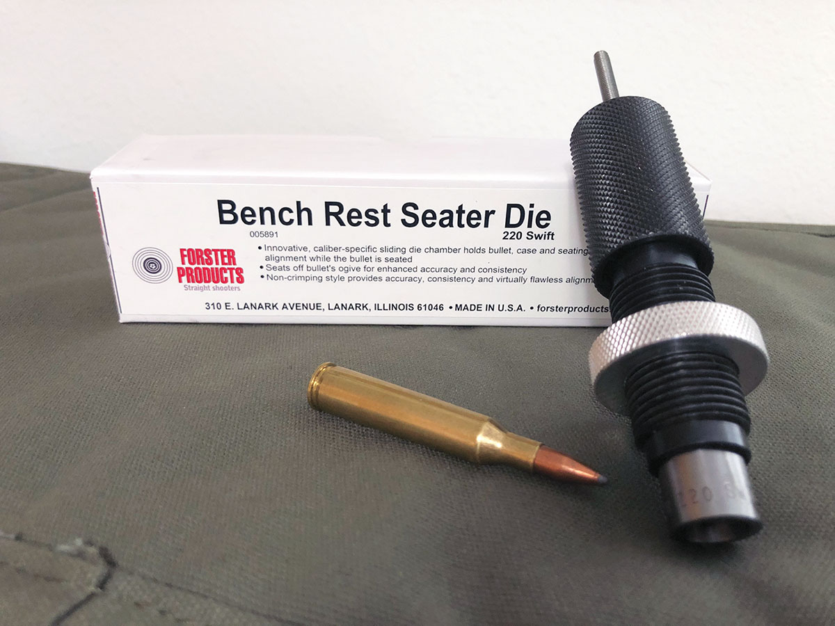 Quality straight-line bullet seating dies, either threaded for a bench press as shown, or of the hand/arbor press-style, are a decisive advantage in producing precision handloaded ammunition.