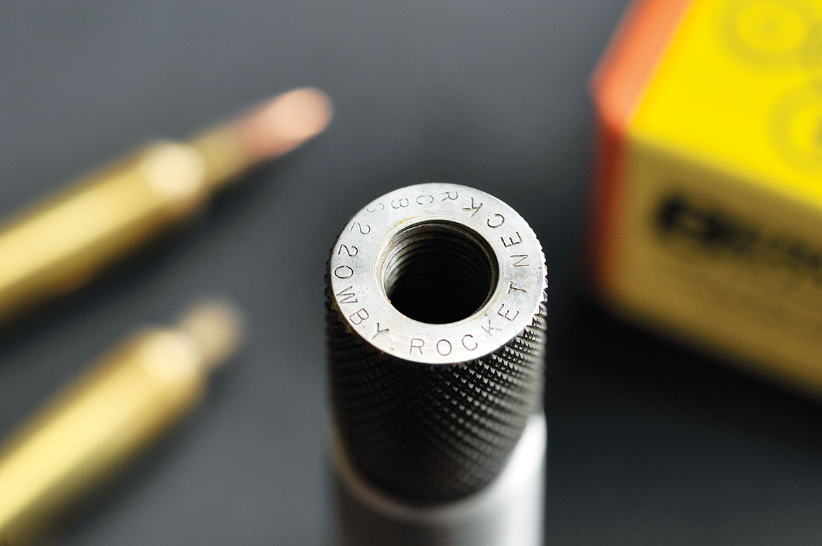 An RCBS die marked 220 Weatherby Rocket Neck for use in getting the fired case ready for loading.