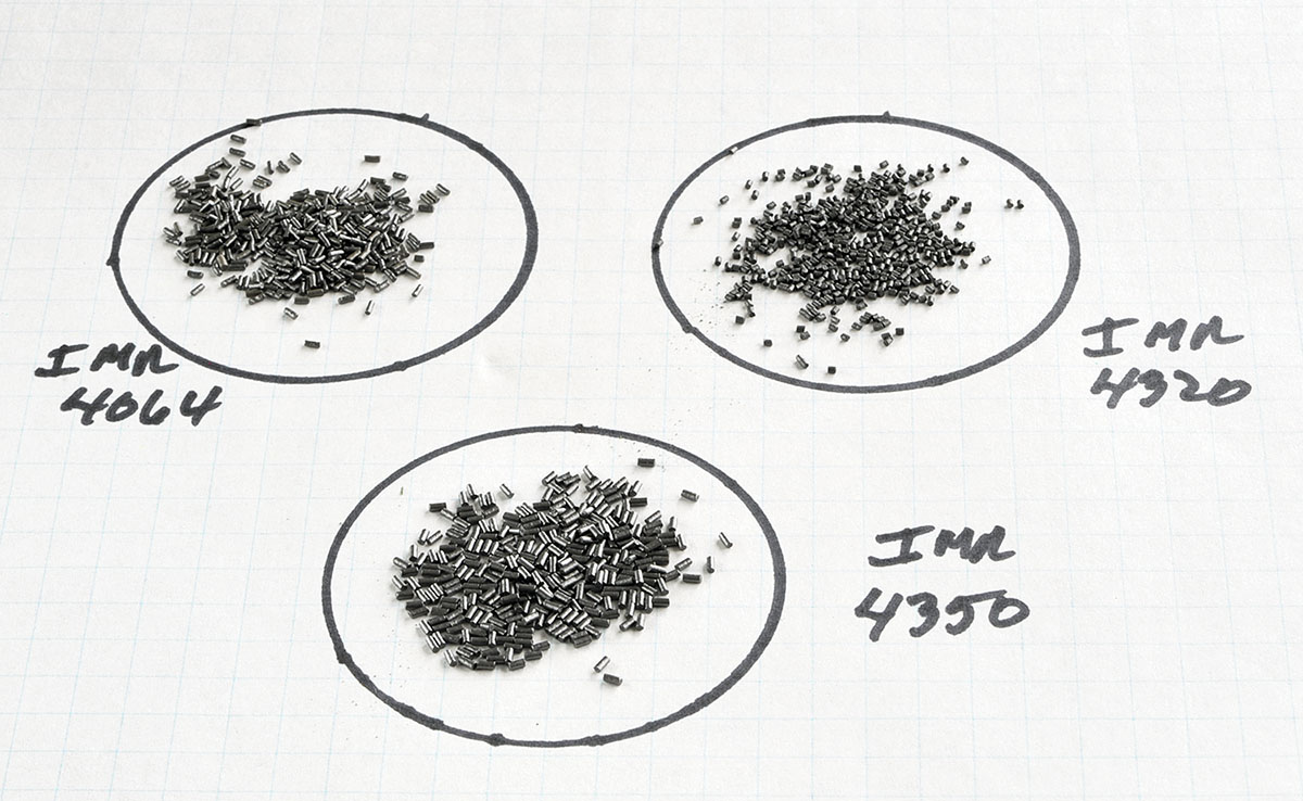 Comparison of the powders used in the .220 Rocket. Note the various grain sizes, with IMR-4320 the smallest and the easiest to use in a powder measure.