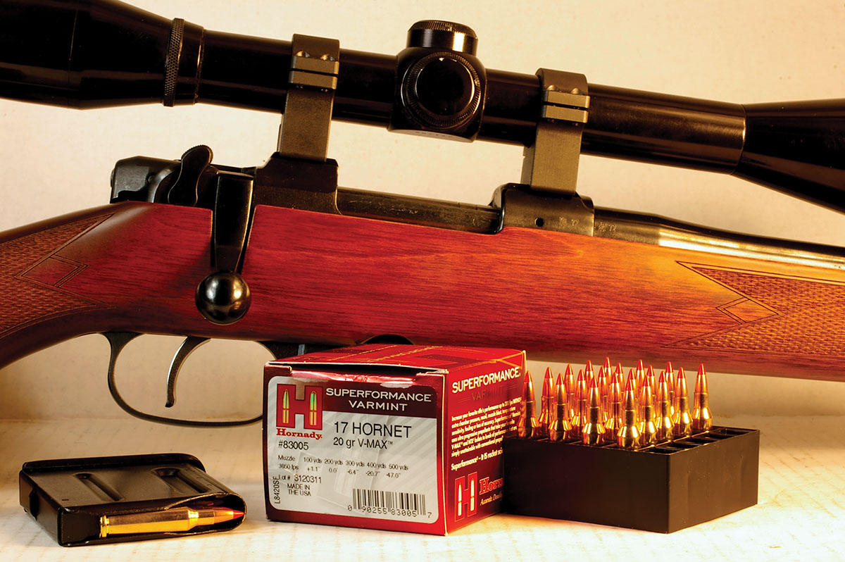 A Hornady 20-grain V-MAX bullet generates little recoil fired from Hornady .17 Hornet. Firing about 10 grains of powder, the .17 is inexpensive to shoot.