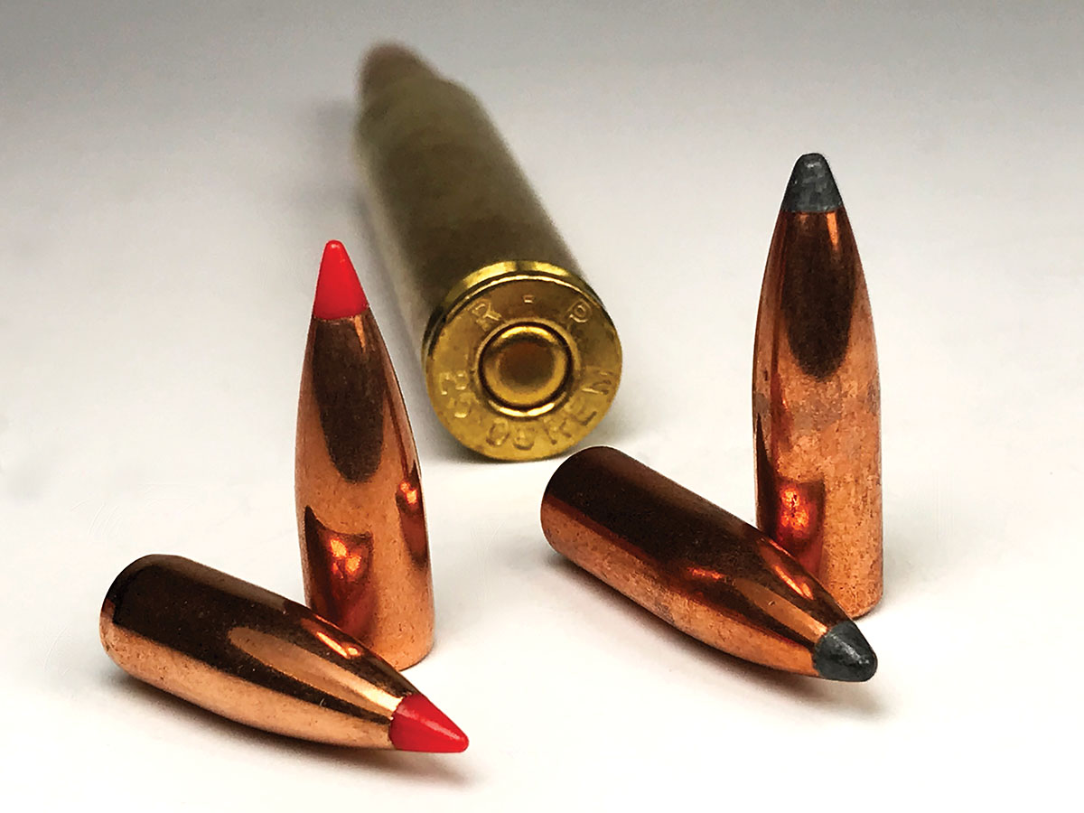 Bullets for the .25-06 Remington carry some weight for year-long varmint shooting. At left is the Hornady 75-grain V-MAX. At right is the Sierra 100-grain bullet.
