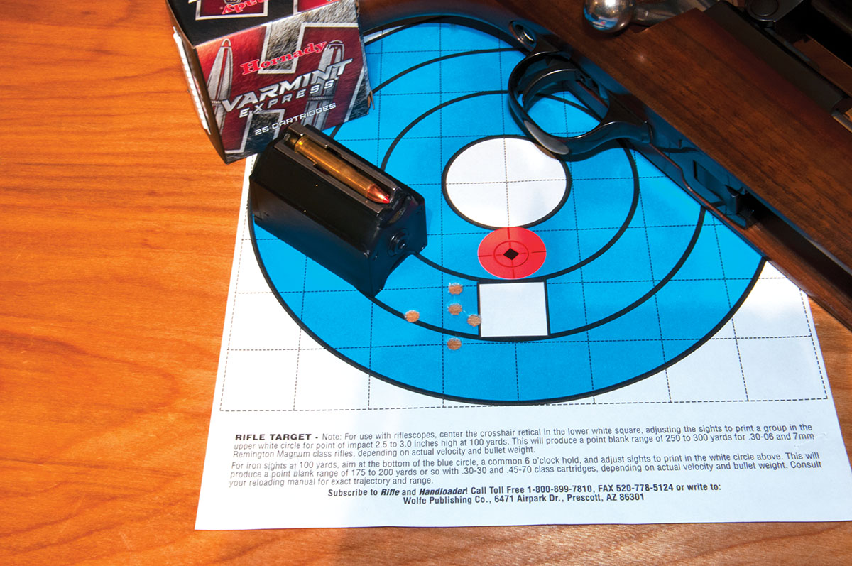 Hornady’s Varmint Express ammunition provided this 100-yard, five-shot group measuring .949 inch.