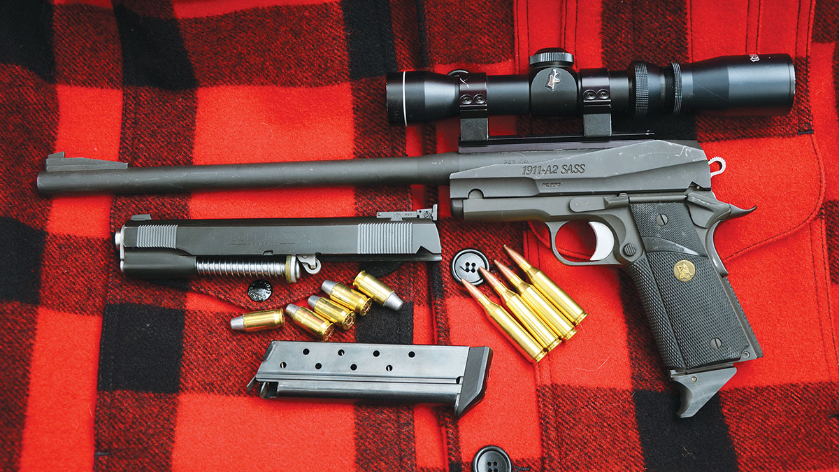 This SASS (Springfield Armory Single Shot) conversion transforms a 1911 pistol into an accurate single-shot pistol in .243 Winchester. Layne used it to shoot Kansas prairie dogs. Other calibers, including .223 Remington, were available.