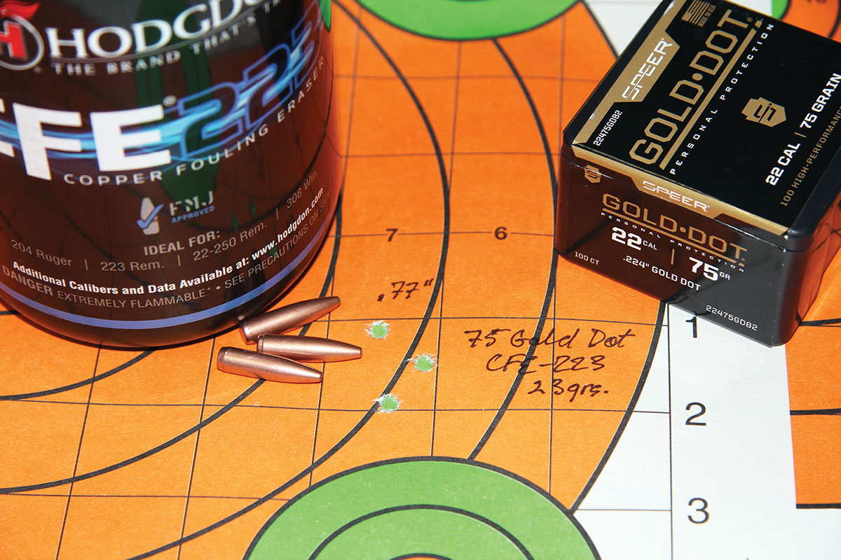 The best group assembled with Speer’s 75-grain Gold Dot bullet was .77 inch with 23 grains of Hodgdon CFE-223 pushing that bullet to 2,500 fps. Patrick uses this bullet to shoot coyotes without damaging hides.