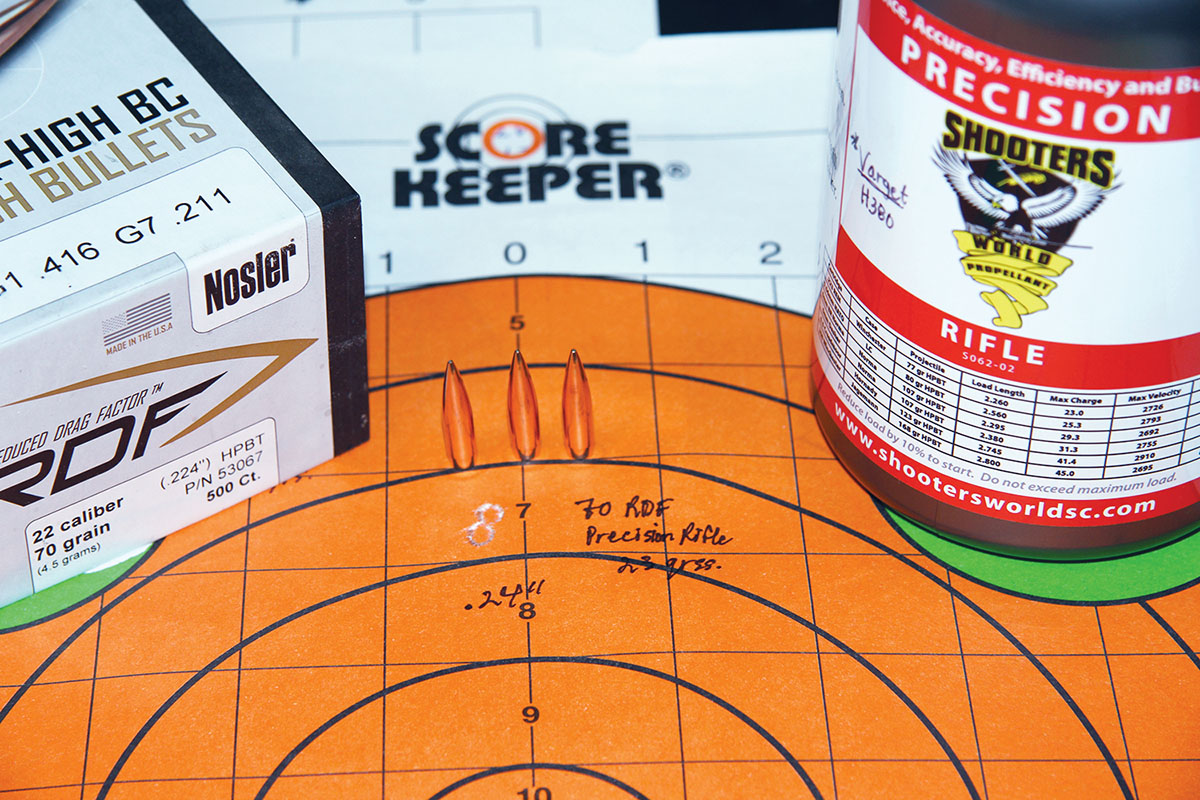 Nosler’s 70-grain RDF paired well with 23 grains of Shooters World Precision Rifle. The group measured .24 inch with a velocity of 2,588 fps.