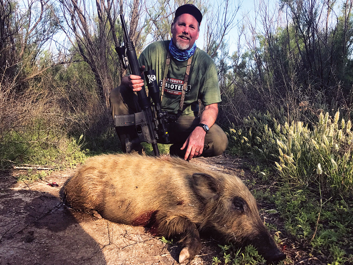 Patrick has shot a number of wild hogs with his AR-15 chambered in .223 Remington using heavy-for-caliber bullets. A Berger 90-grain VLD Target was used to anchor this average-sized hog.