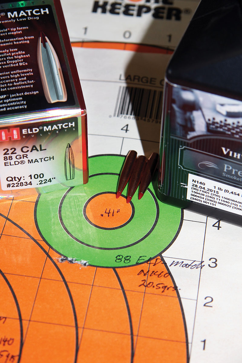 Hornady’s 88-grain ELD Match is accurate and will expand on varmints. Twenty and a half grains of Vihtavuori N140 resulted in this .41-inch group at 2,182 fps.
