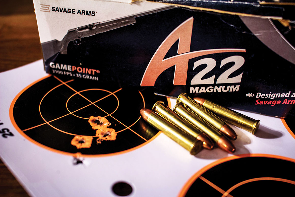 CCI’s A22 Magnum load – using the 35-grain Gamepoint softpoint bullet – was designed in conjunction with the Savage A22 Magnum autoloader, but shot  well in the Marlin bolt gun.