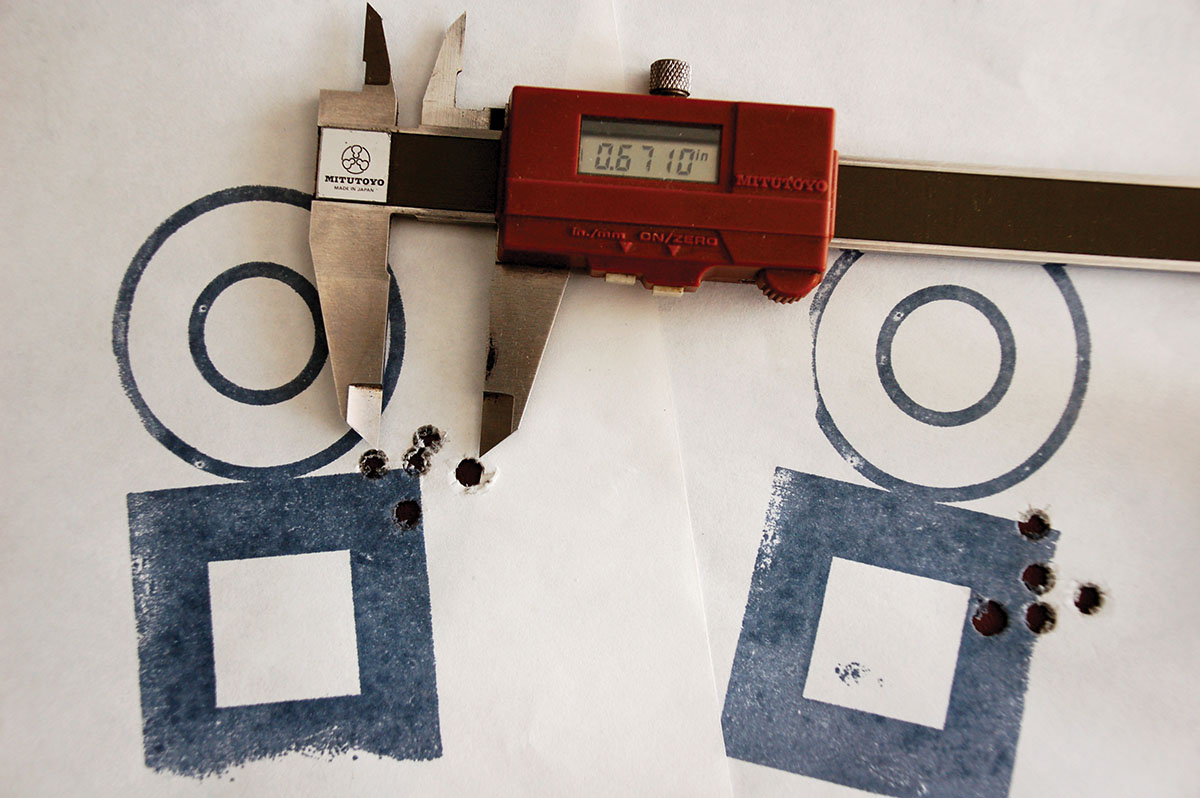 These two five-shot groups are typical of Randy’s 700 Classic: .670 inch (left), .695 inch (right).