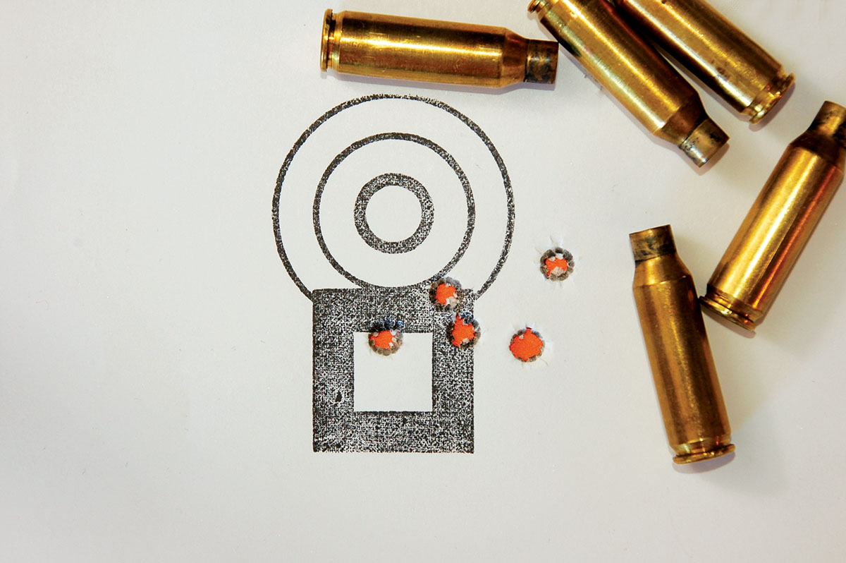 A five-shot group with the XP-100’s favorite load. The first three shots shaped the group up, but waning concentration opened the group, with the next two shots providing a respectable 1.136-inch group.