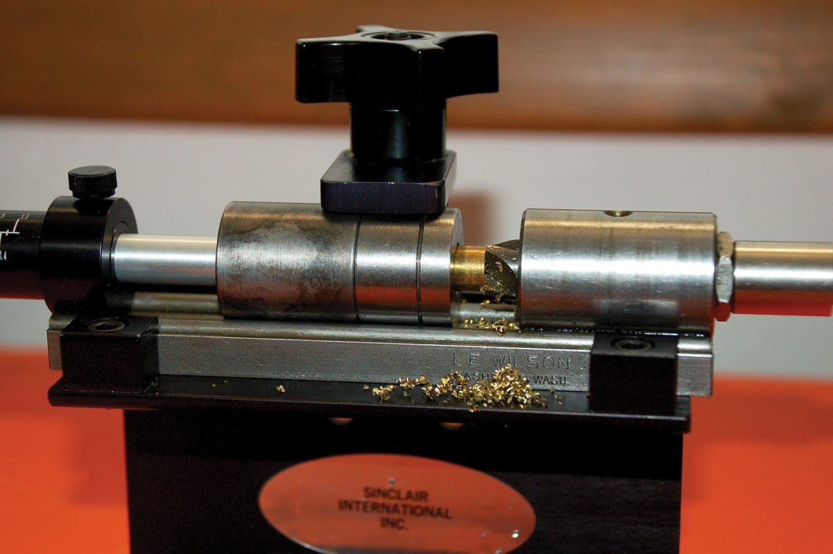 A Wilson case trimmer was used to square-up and face the “spacer.” It was used in conjunction with .223 Remington Jones Custom Products hand dies to load the .221 Fireball cartridges.