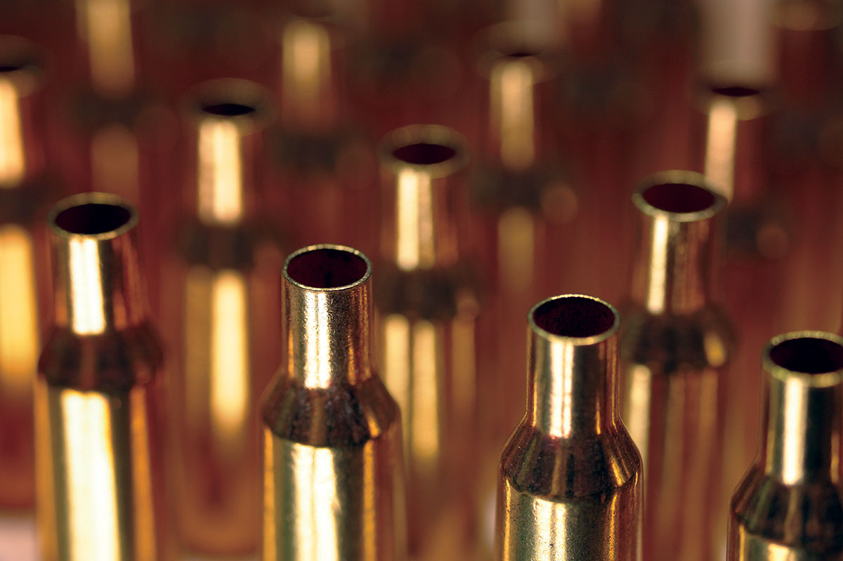 This is fresh, factory-made brass ready for loading. Before any loading, priming or bullet seating is done, the brass should be run through a sizing die to square up the case mouth in particular and the case body in general.