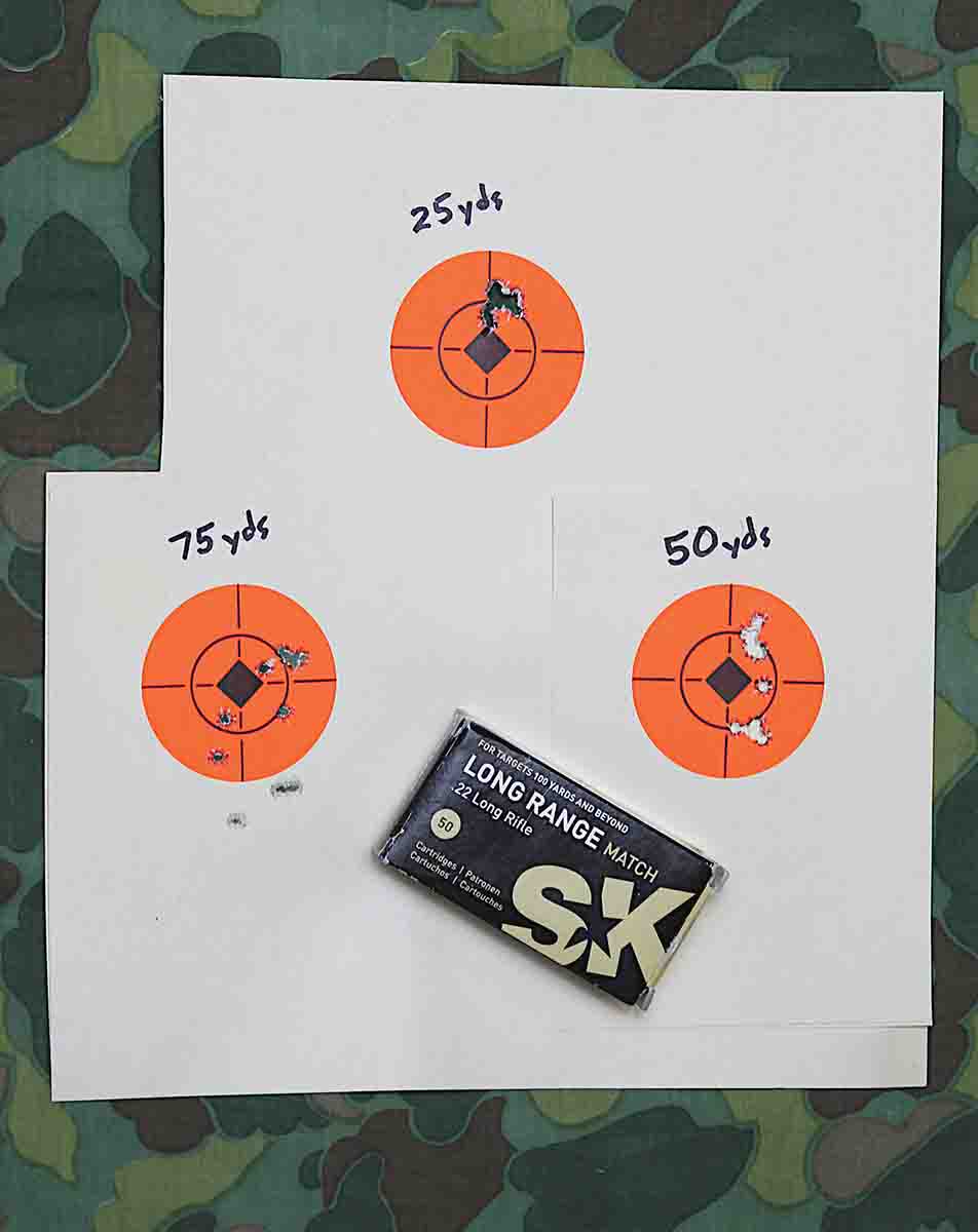 Though not advertised as subsonic, SK Long Range Match is at the threshold at sea level, but a bit fast at 3,150 feet elevation. Still, 75-yard groups were fair from an un-accurized, suppressed rifle.