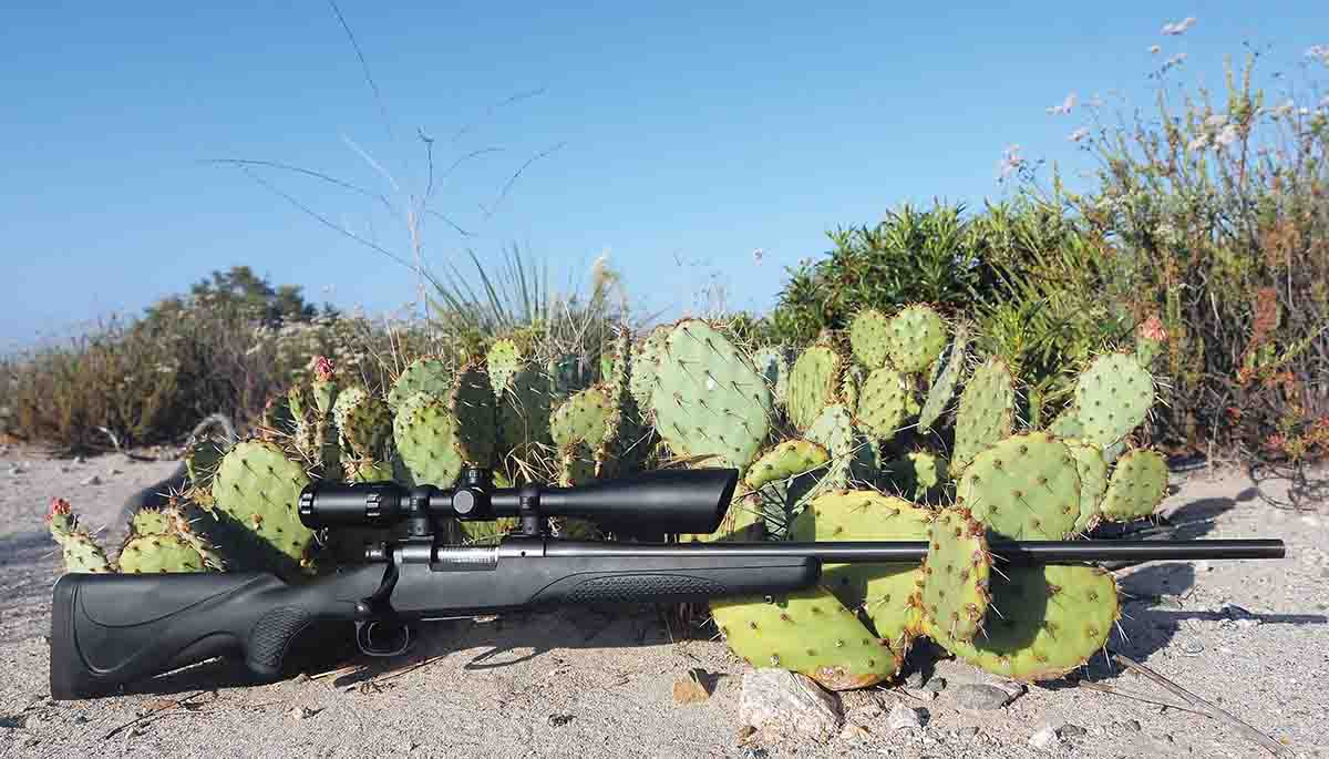 The .25-270 WSM rifle was built as a single shot on the Winchester Model 70 super-short action designed for the WSSM line of cartridges. It was topped with a Nikko-Sterling 3-10x Nighteater scope in Burris rings and Weaver bases. It has a factory Winchester stock and a lightweight 22-inch Douglas barrel.