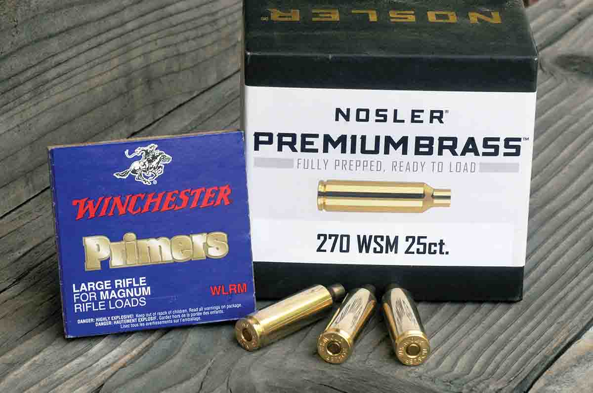 While components are often difficult to find right now, Jim managed to find Winchester primers and Nosler .270 WSM brass for the .25-270 WSM wildcat. These were used for all of the test loads.