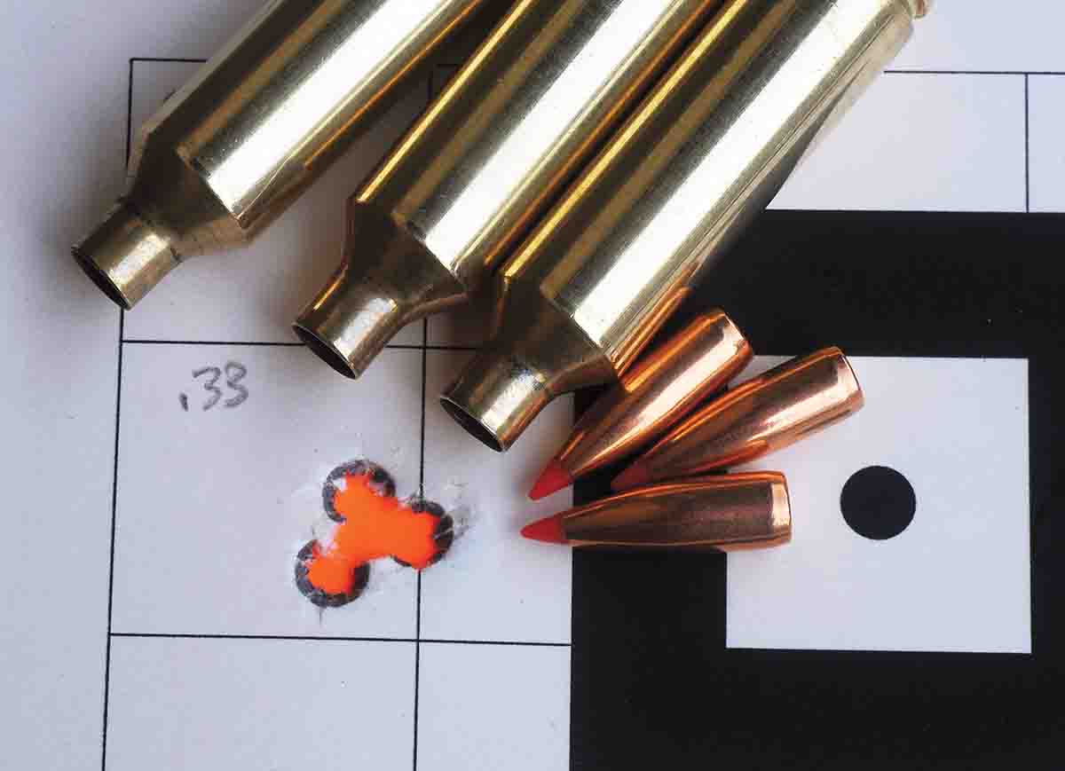 While the light barrel on the .25-270 WSM heated up quickly and groups would suffer, this three-shot group was shot with Vihtavuori N165 powder and Hornady 75-grain V-MAX bullets at a modest 3,434 fps. The group measured just .33 inch.