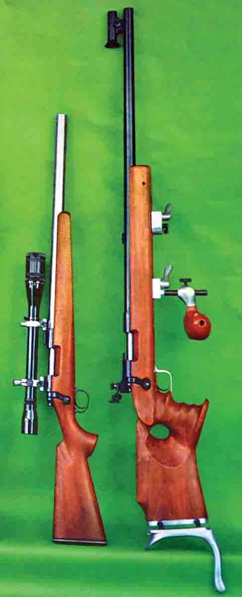 A page from the 1969 Remington catalog shows two variations of the 40-XB: left, a Model 40-XB BR (Bench Rest) 222 Remington, with a Remington 20X scope; and right, a Model 40-XB International Free Rifle 222 Remington with Redfield Olympic Sights.