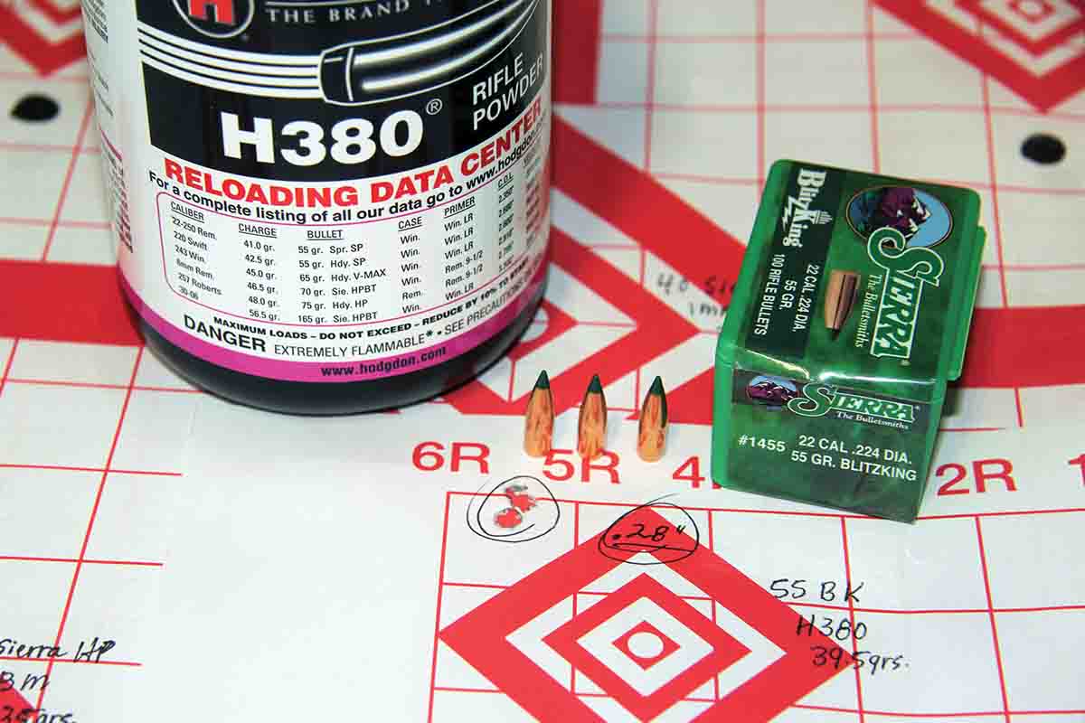 Classic Hodgdon H-380 paired well with the modern Sierra 55-grain BlitzKing bullet and produced a tight .28-inch group at a burning 3,783 fps using 39.5 grains of powder.