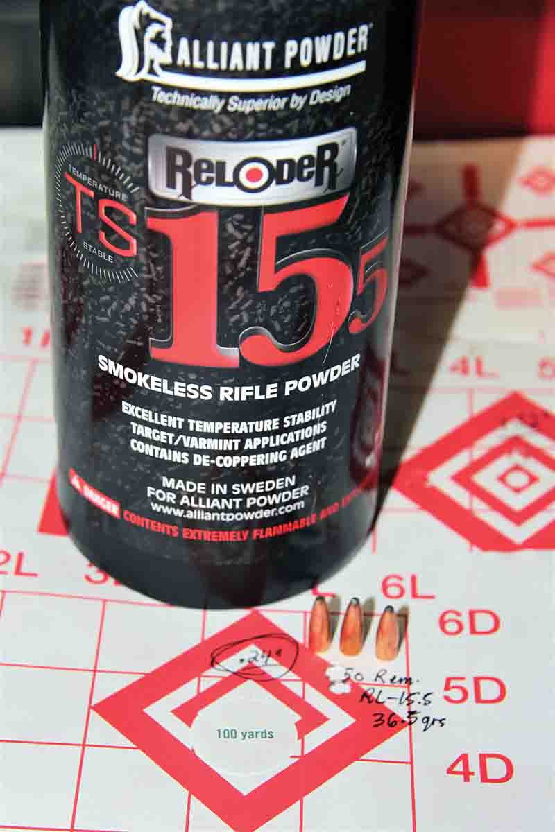 One of this trial’s best groups resulted from 36.5 grains of new Alliant Reloder TS 15.5 beneath Remington’s 50-grain PSP bullet, printing .24 inch at a quick 3,746 fps.