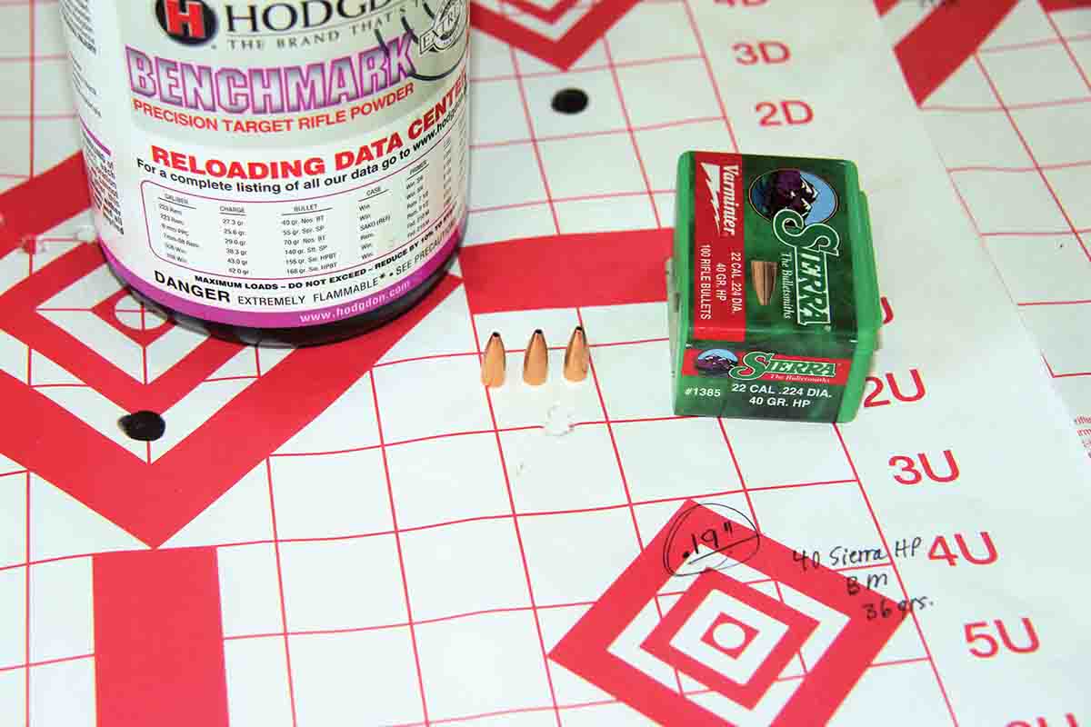 The tightest group of the entire test involved Sierra’s 40-grain Varminter Hollow Point and 36 grains of Hodgdon Benchmark powder. That group measured .19 inch center-to-center, sent at an even 4,100 fps.