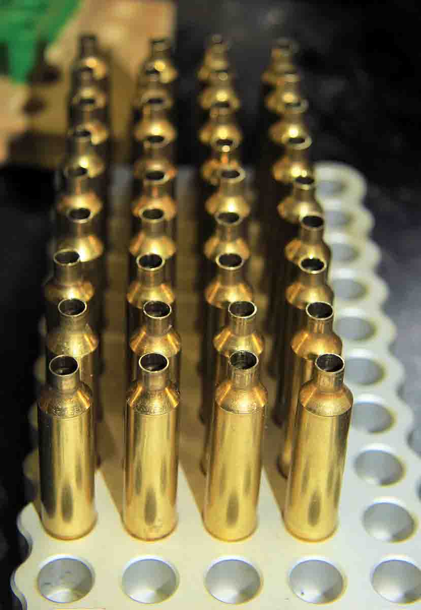 Patrick created 22-284 Winchester brass by necking down Lapua (68- to 85-grain bullets) and Nosler (90-grain bullets) 6.5-284 Norma cases while using a Redding Form & Trim Custom and Redding Custom full-length dies.