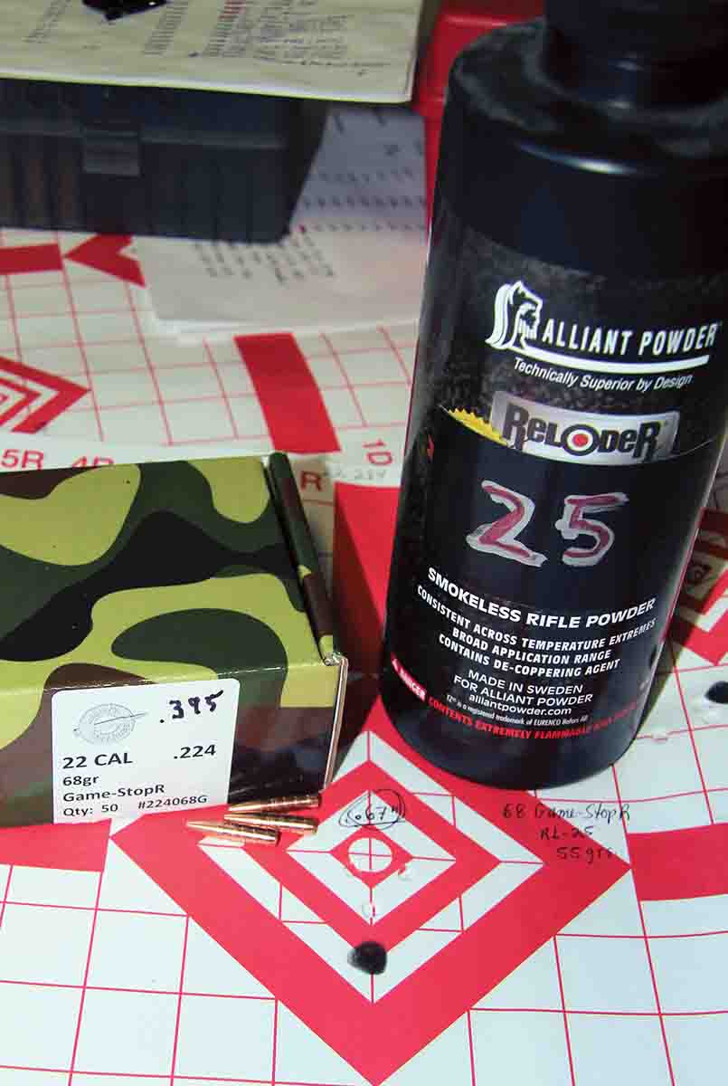 Quality Cartridge’s long-for-weight 68-grain Game-StopR produced its tightest group using 55 grains of Alliant Reloder 25. The .67-inch group was sent at a blazing 3,768 fps.