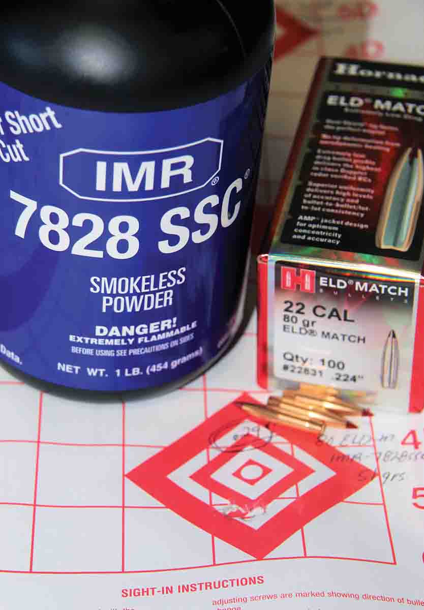 Hornady’s 80-grain ELD Match produced the tightest group of the test by far. That .29-inch cluster came via 51 grains of IMR-7828ssc with 3,559 fps velocity.