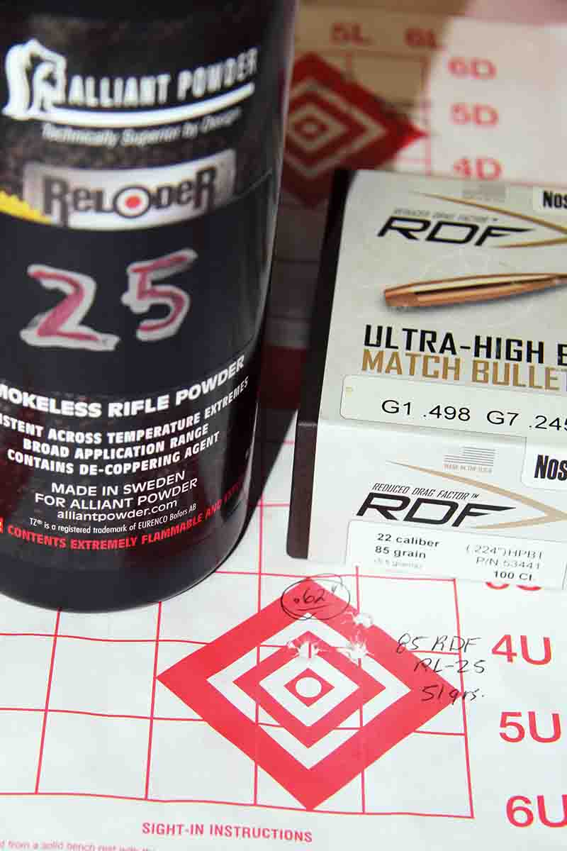 Fifty-one grains of Alliant Reloder 25 beneath Nosler’s 85-grain RDF produced this .61-inch group while pushed along at 3,381 fps.