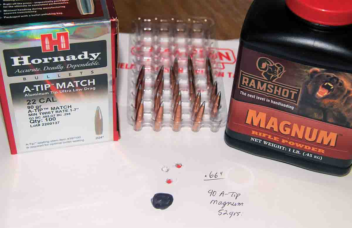 Overall, Hornady’s 90-grain A-Tip Match posted better group averages than the Berger of the same weight, but its best group measured .66 inch at 3,362 fps using 52 grains of powder.