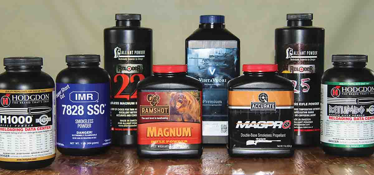 The 22-284 thrives on slow-burning powders, including (left to right): Hodgdon H-1000, IMR-7828ssc, Alliant Reloder 22, Ramshot Magnum, Vihtavuori N165, Accurate Magpro, Alliant Reloder 25 and Hodgdon Retumbo.