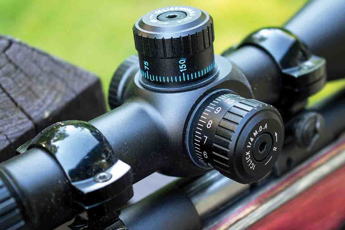 The Bushnell Rimfire scope has a windage turret marked in ¼-MOA increments, while the elevation turret is compensated for yardage.