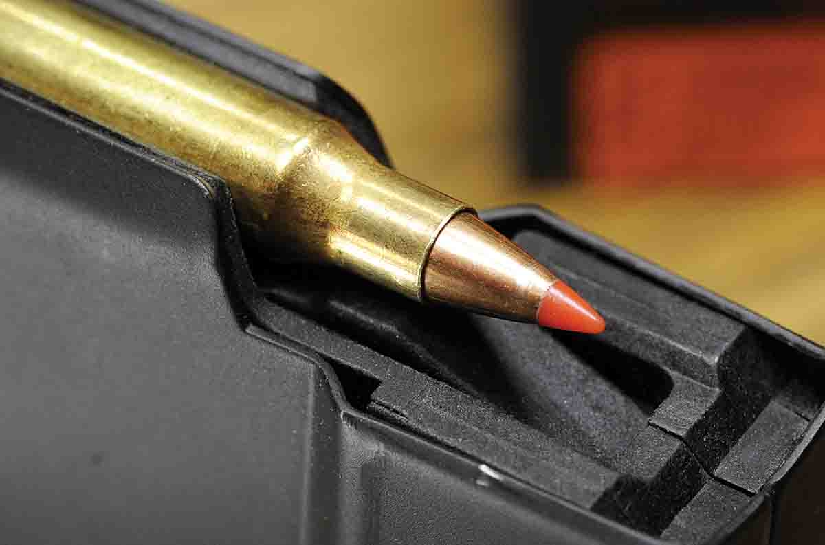 After seating the bullet, it is always a good idea to place the round in the magazine to see if it will clear the forward lip without problems. Stan had to cut back the overall length by a few thousandths of an inch from the Sporting Arms and Ammunition Manufacturers’ Institute (SAAMI) specifications because bullets of this type were not feeding smoothly.
