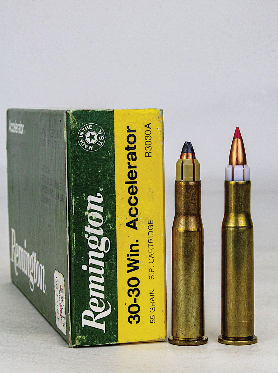 Handloaders can recreate Remington’s now-defunct Accelerator (L) with .30-caliber sabots and .224-inch, 55-grain bullets (R).