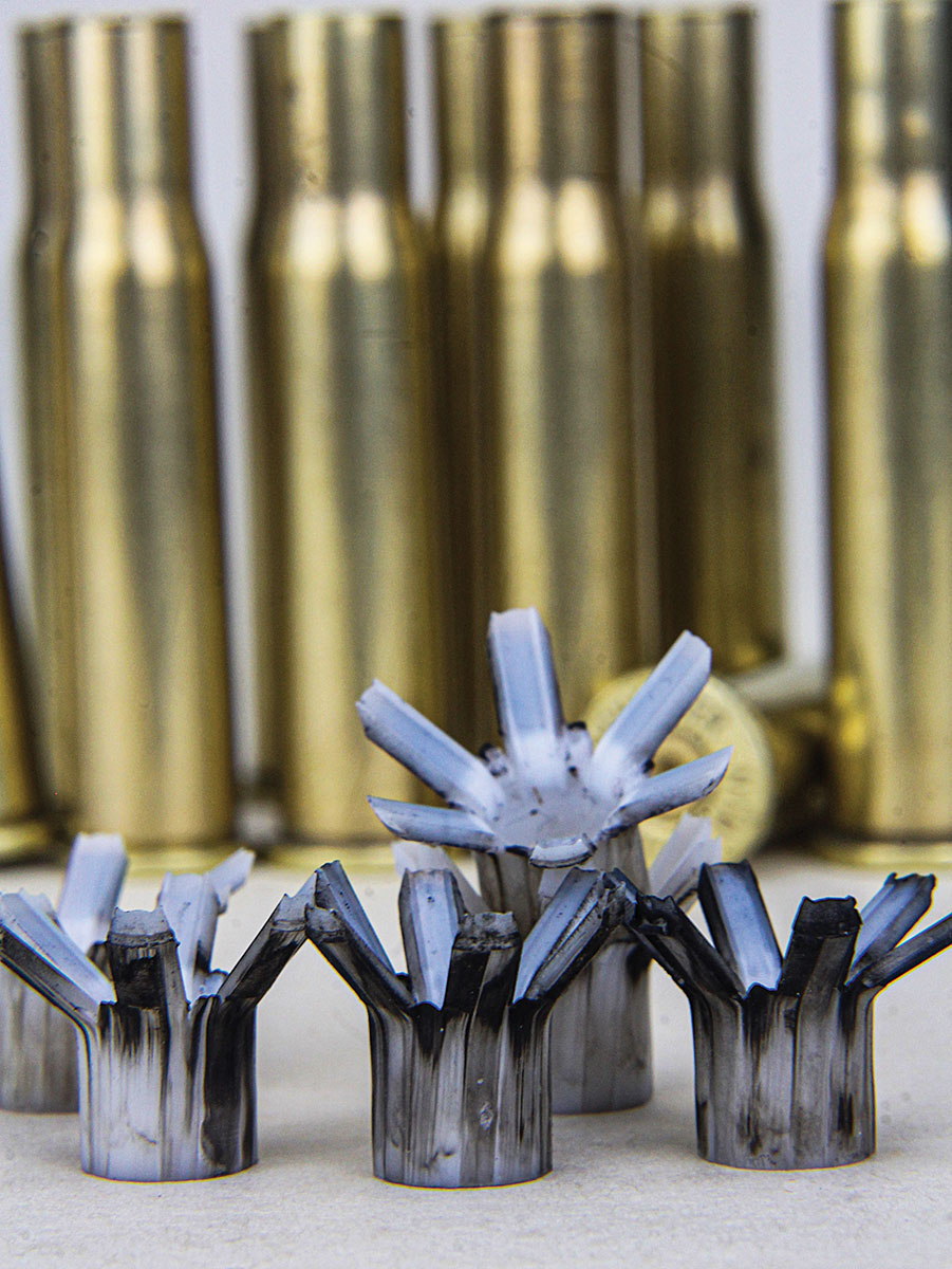 Rifling marks are evident on fired sabots recovered about 40 yards downrange.