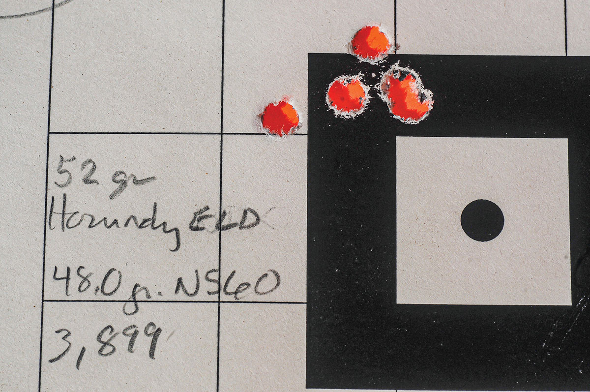 The .223 WSSM built on a Model 70 action and Douglas barrel was capable of excellent accuracy as this .77-inch group shows. This load featured a Hornady  52-grain ELD Match bullet ahead of 48 grains of Vihtavuori N560 powder. It zipped along at 3,900 fps.