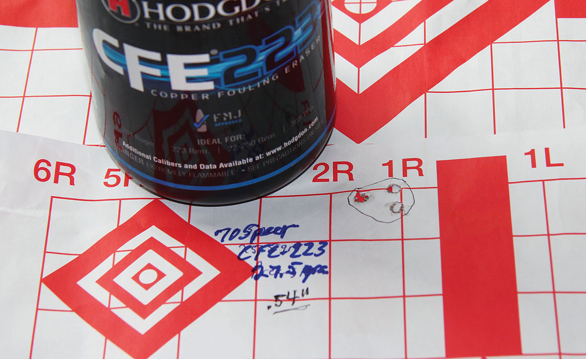 A Speer 70-grain Varmint softpoint seated over 27.5 grains of Hodgdon CFE 223 produced this .54-inch group at 2,900 fps. It was the second-best group of the test.