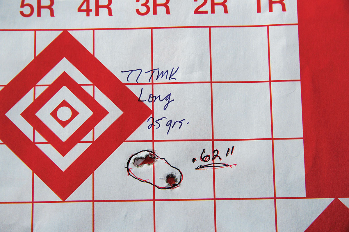 Twenty-five grains of Shooters World Long Rifle beneath a Sierra 77-grain Tipped MatchKing produced this .62-inch group at 2,481 fps.