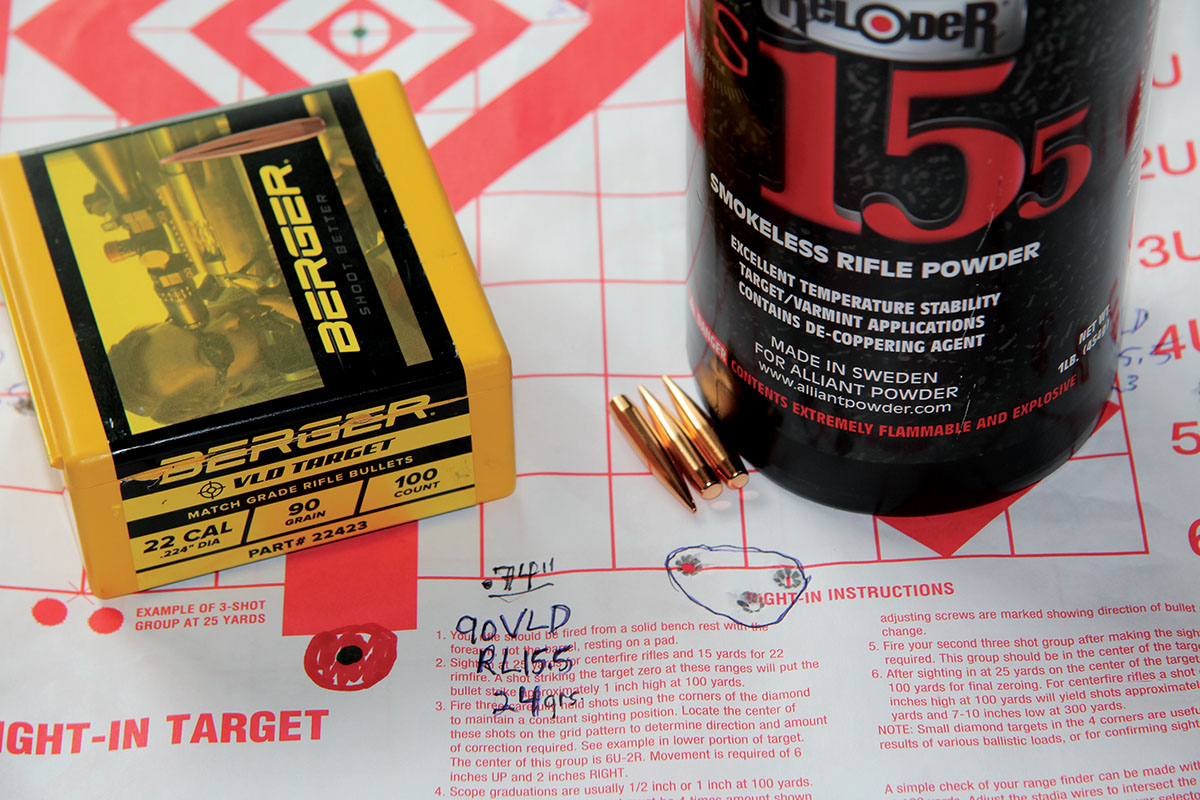 Most groups produced by the Berger 90-grain VLD Target were unimpressive due to minimal rifling stabilization. The single exception was a .74-inch group sent at 2,628 fps with a maximum load of 24 grains of Alliant Reloder TS 15.5.