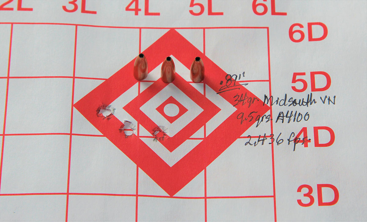 Midsouth Shooters Supply’s 34-grain Varmint Nightmare X-Treme hollowpoint did best with 9.5 grains of Accurate 4100 launched at 2,436 fps and produced this .89-inch group.
