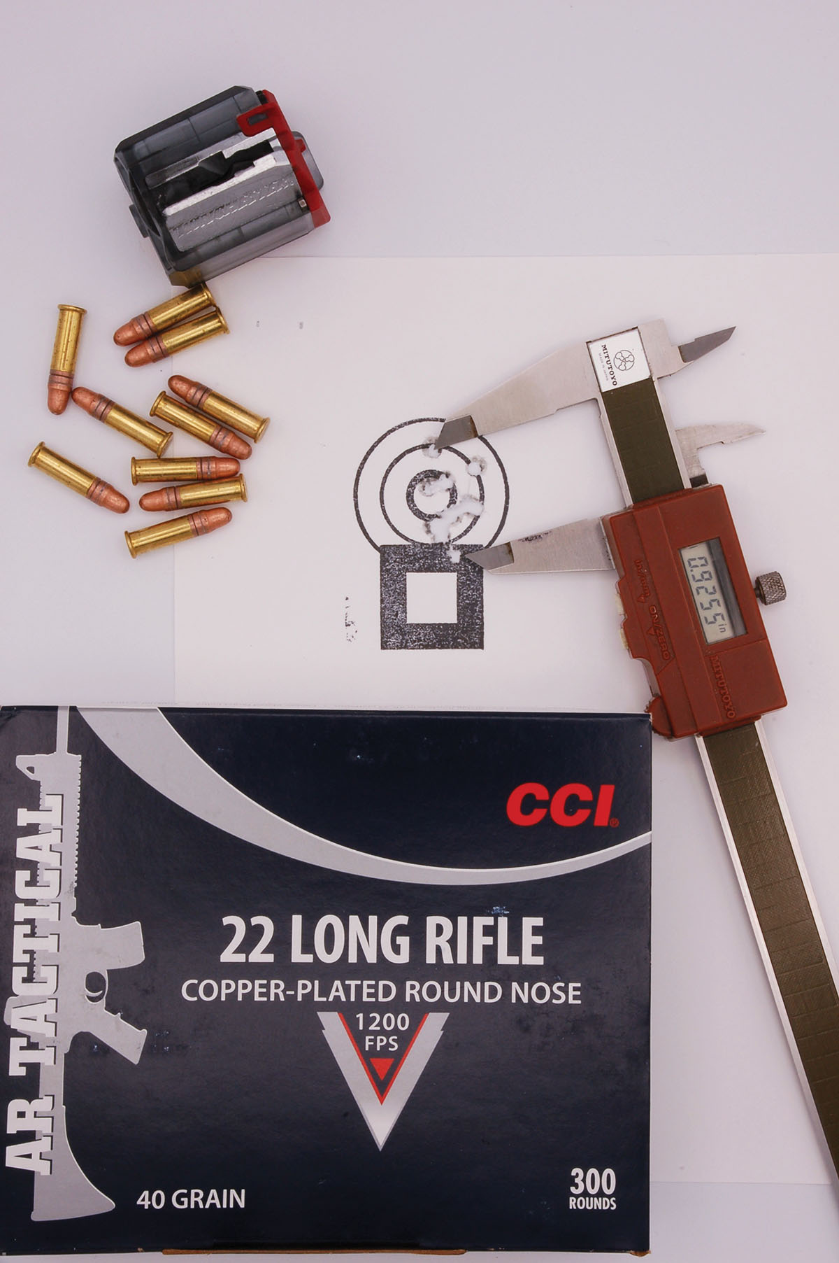This 10-shot group, shot at 50 yards, represents the average group size of five, 10-shot groups, measuring .925-inch, shot with CCI AR ammunition.