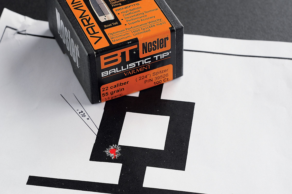 With all the testing complete, this load emerged as the best overall in accuracy. Consisting of the Nosler Ballistic Tip 55-grain bullet over 29 grains of Varget, it almost printed a one-hole group at 100 yards.