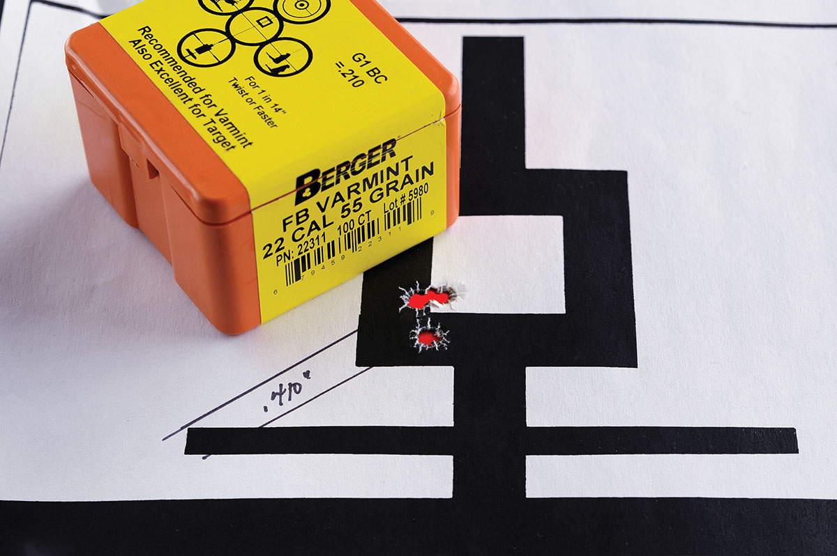 This .410-inch group with a Berger FB Varmint 55-grain bullet over 30 grains of Varget provided 3,244 fps.