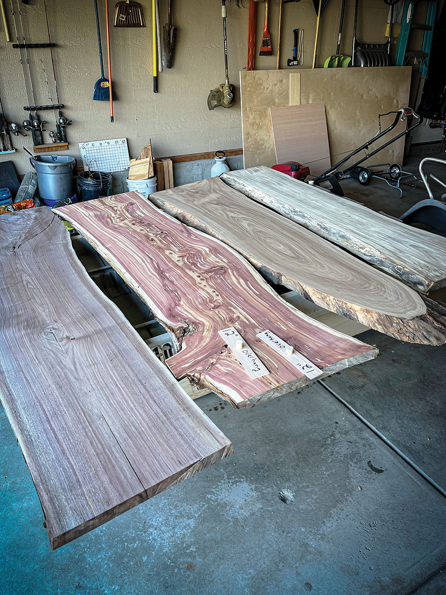 Before: Directly from the sawmill, four unusual species of live edge wood used for the top (left to right): Walnut, Cedar, Elm, Hackberry.