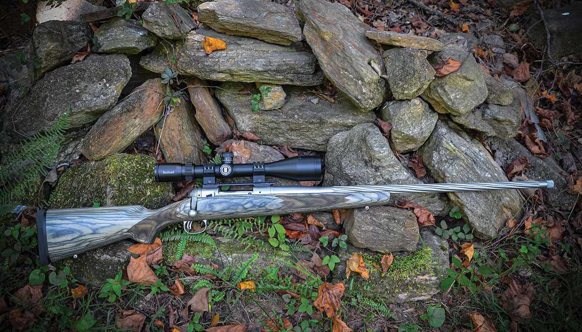 Layne’s Mark VII rifle in 22 Creedmoor, built by Shaw Barrels, has a 26-inch barrel with a 1:7 twist.  Shaw lists the coloration of its laminated wood stock as Pepper.